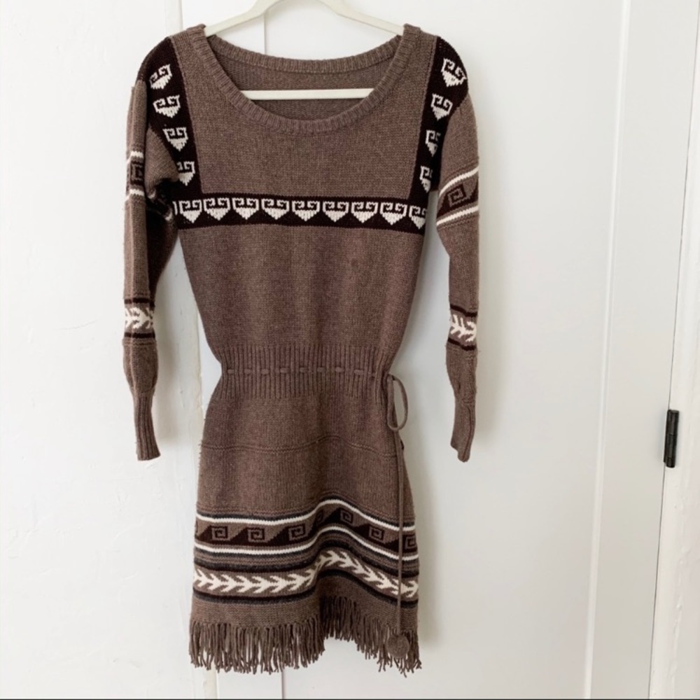 Alice+Olivia brown fringe tie waist wool cashmere dress